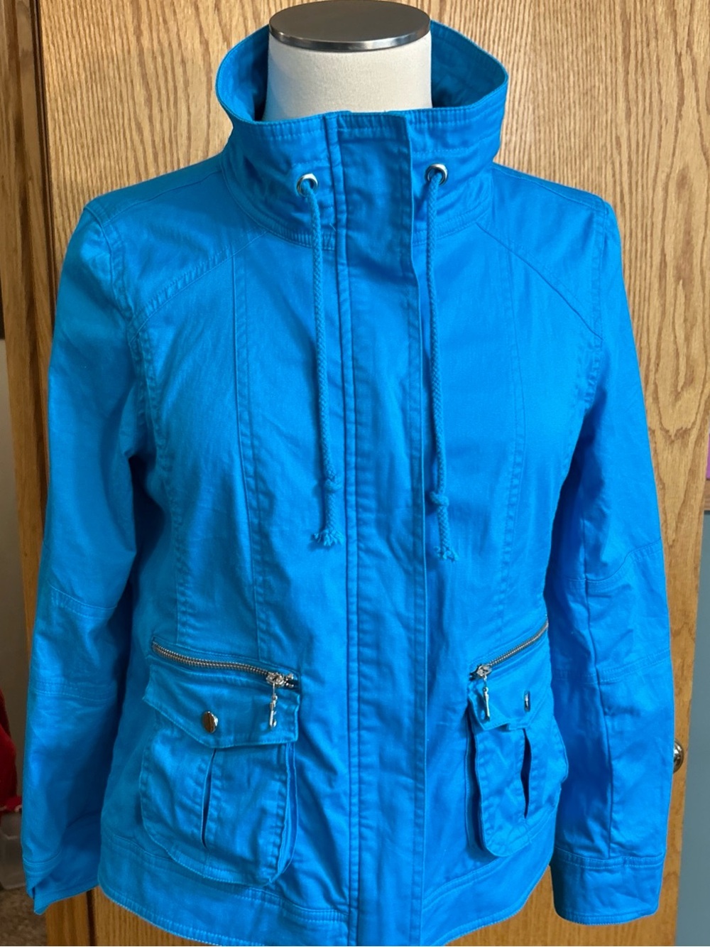 Laura Ashley Womens Blue Utility Jacket Size Petite Medium Full Zip Drawstring